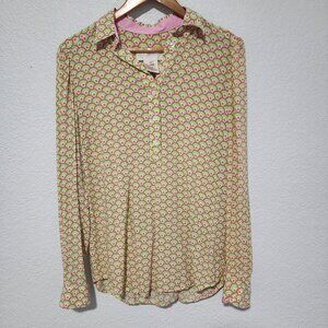 Women's Julie Brown Blouse Size 8 Long Sleeve Pink Green Fun Print